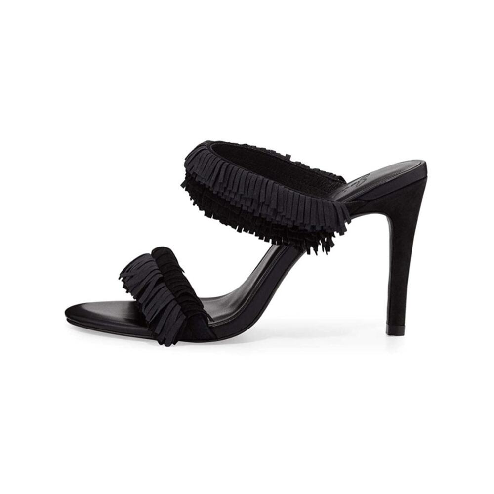 Joie Women's Poppi Black Fringe Heeled Slip On Sandals‎ Size 36